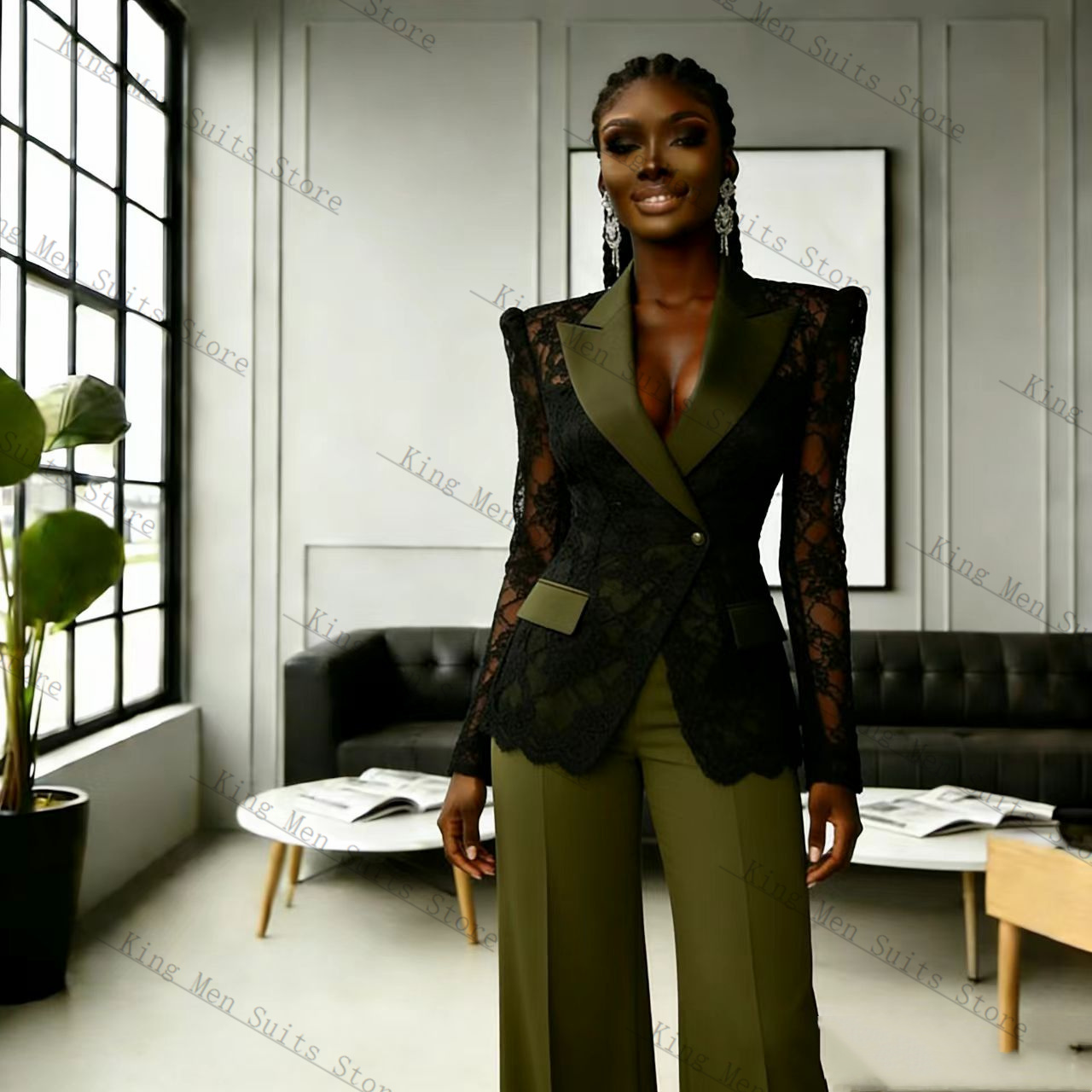 Women Formal Wear With Black Blazer - Green Black Lace Women Suit Set