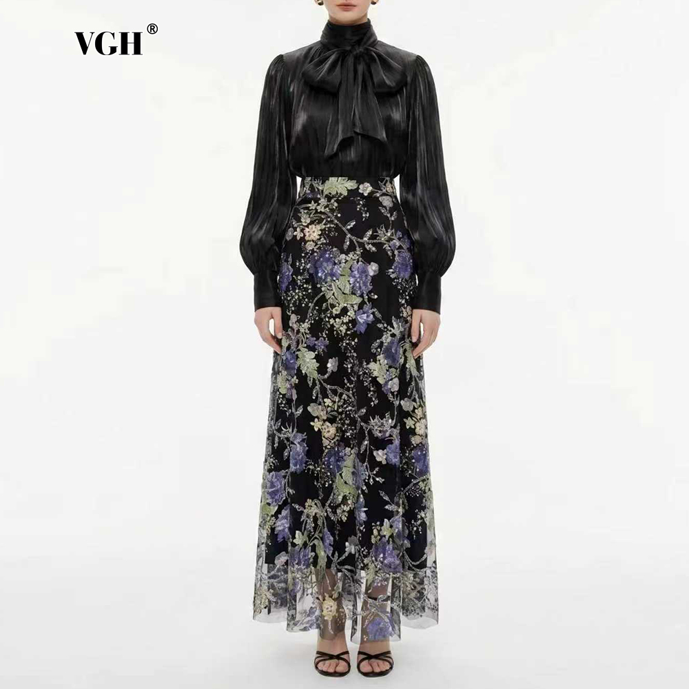Women Formal Blouses For Evening Wear - VGH Elegant Chic Black Floral Two